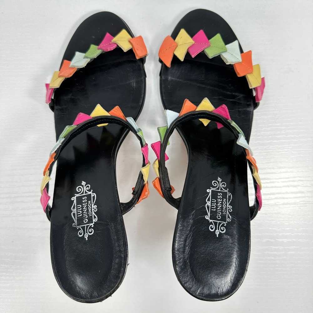 VTG Lulu Guinness Multicolor Leather Appliqué Kitten Heel Sandals Slides 37 Art